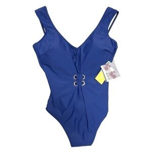 NWT - PERONA - Solid Blue V-Neck Tank Style Modest One-Piece Swimsuit - Size 14
